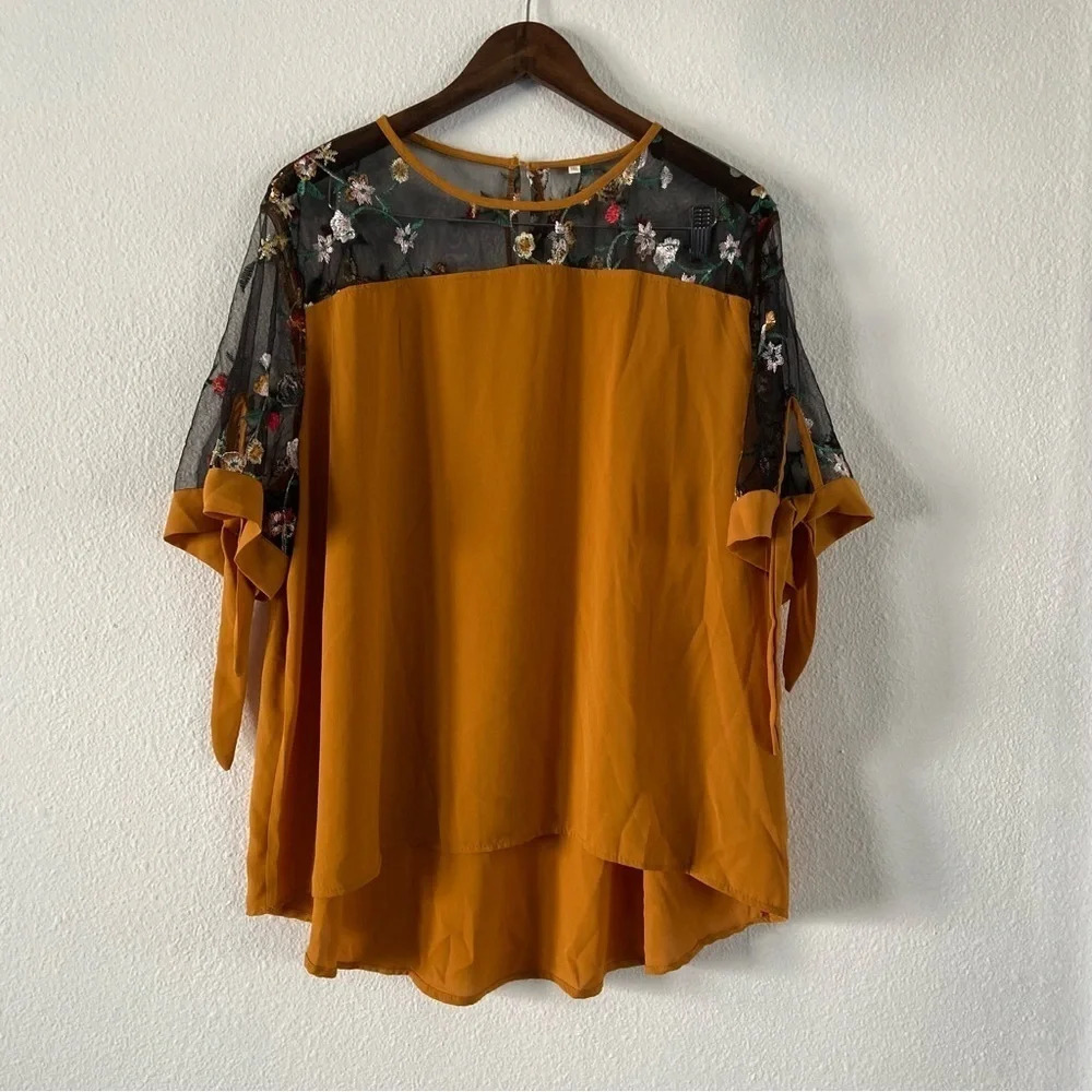 Mustard Yellow Folk Embroidered Eclectic Mesh Panel Top 3XL Boho Chic Plus - Picture 12 of 12